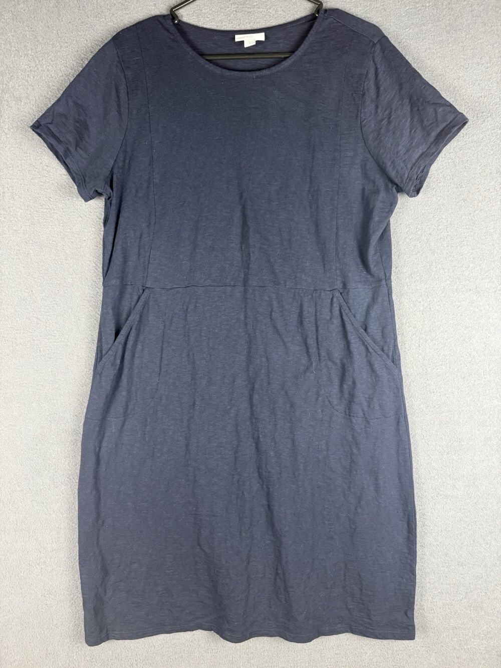J. Jill Women’s Dress M Navy Blue Knit Short Sleeve Midi Pockets Easy Fit